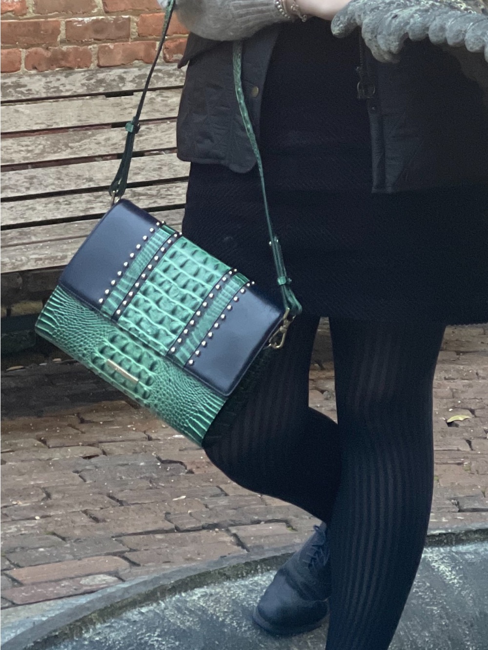 Brahmin Teal and Navy Croc-Embossed Crossbody Bag - Picture 2 of 3